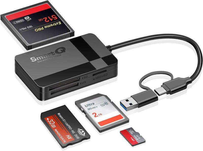 SmartQ SD Card Reader, Memory Card Reader 4 in 1 USB C USB 3.0 Dual Connector Adapter Simultaneously Read SD MS CF TF Cards Supports Micro SD/Micro. Compatible with desktops, Tablets, and USB-C Smartphones - Image 1